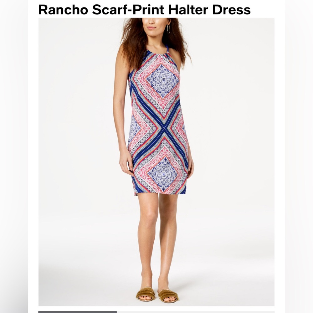 Trina Turk Rancho Blue and Pink Scarf-Print Halter Dress 6